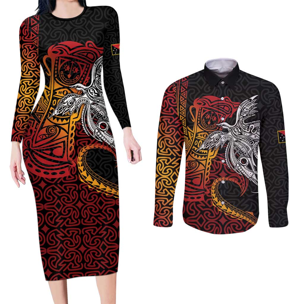 Papua New Guinea Sepik Personalised Couples Matching Long Sleeve Bodycon Dress and Long Sleeve Button Shirt PNG Bird of Paradise Tattoo LT9 Black - Polynesian Pride