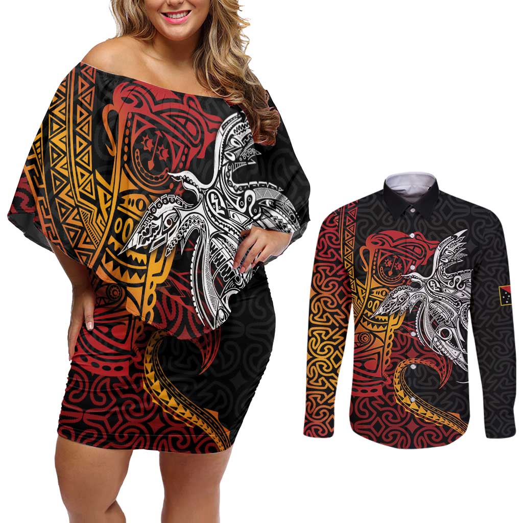 Papua New Guinea Sepik Personalised Couples Matching Off Shoulder Short Dress and Long Sleeve Button Shirt PNG Bird of Paradise Tattoo LT9 Black - Polynesian Pride