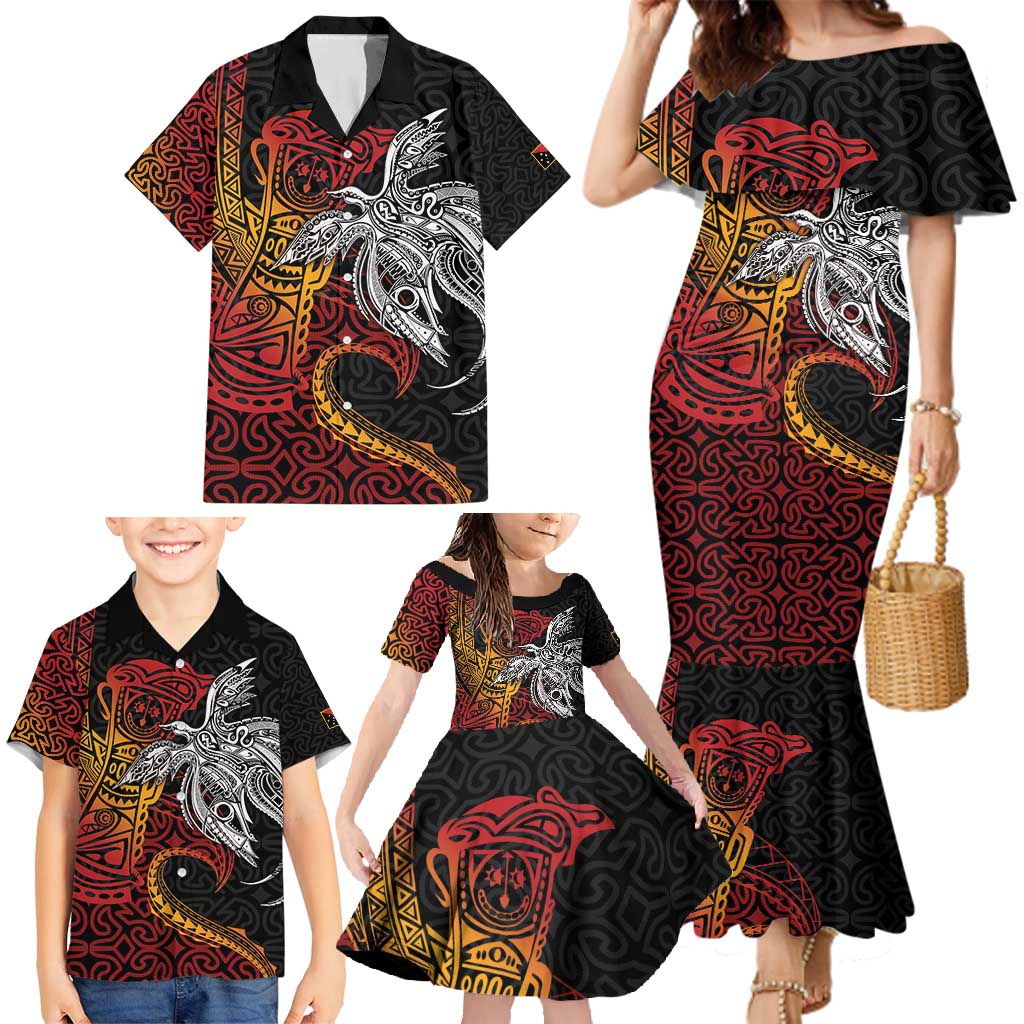 Papua New Guinea Sepik Personalised Family Matching Mermaid Dress and Hawaiian Shirt PNG Bird of Paradise Tattoo - Polynesian Pride