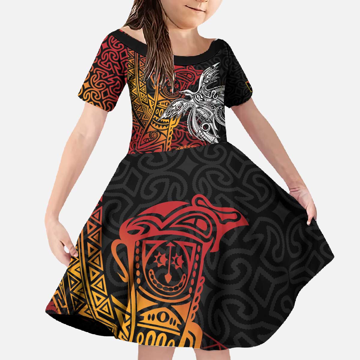 Papua New Guinea Sepik Personalised Family Matching Off The Shoulder Long Sleeve Dress and Hawaiian Shirt PNG Bird of Paradise Tattoo - Polynesian Pride