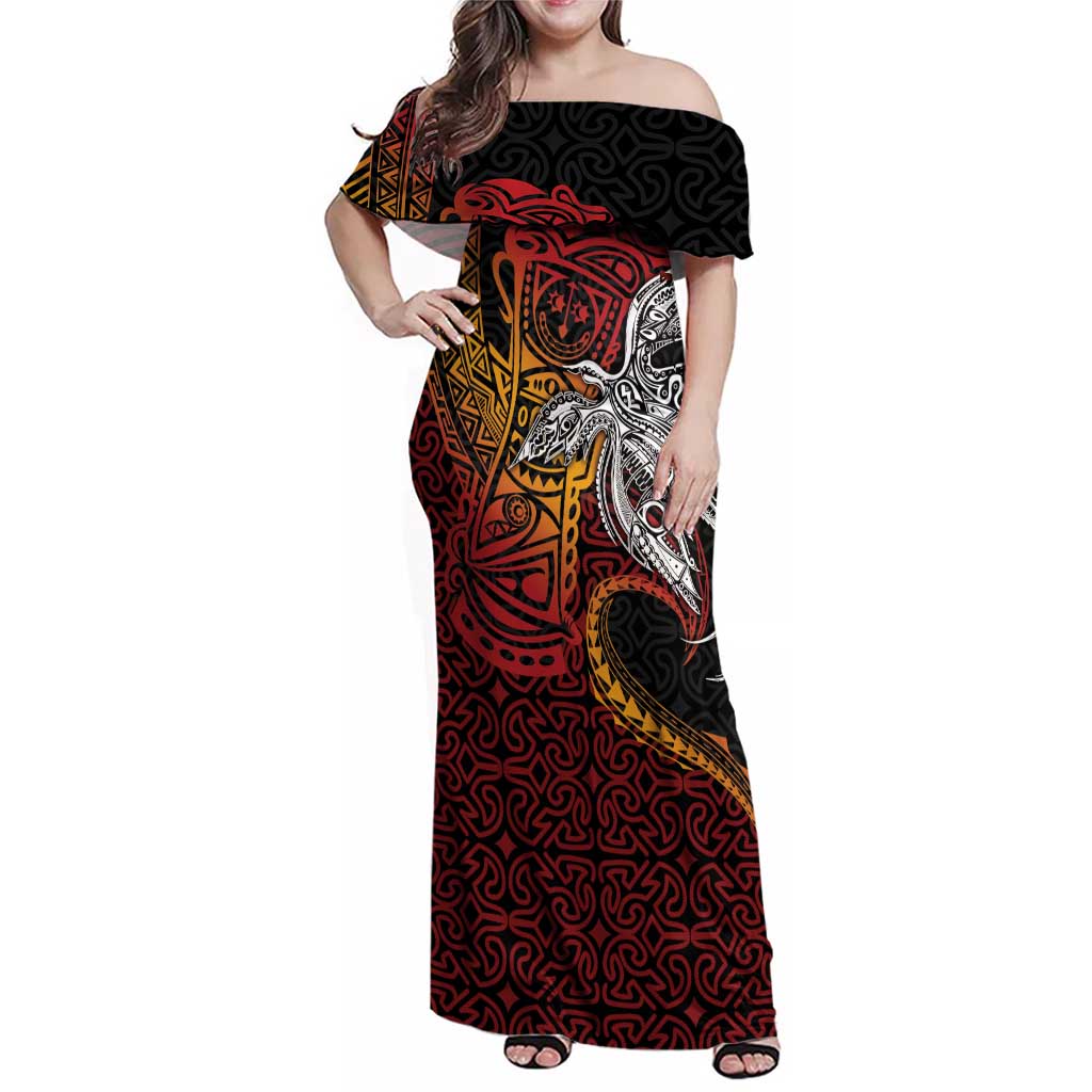 Papua New Guinea Sepik Personalised Family Matching Off Shoulder Maxi Dress and Hawaiian Shirt PNG Bird of Paradise Tattoo - Polynesian Pride