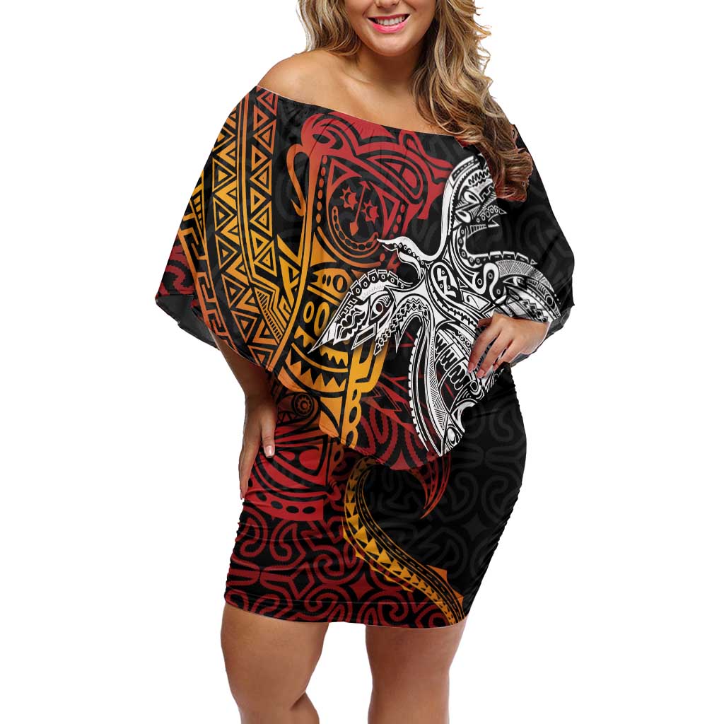 Papua New Guinea Sepik Personalised Family Matching Off Shoulder Short Dress and Hawaiian Shirt PNG Bird of Paradise Tattoo - Polynesian Pride