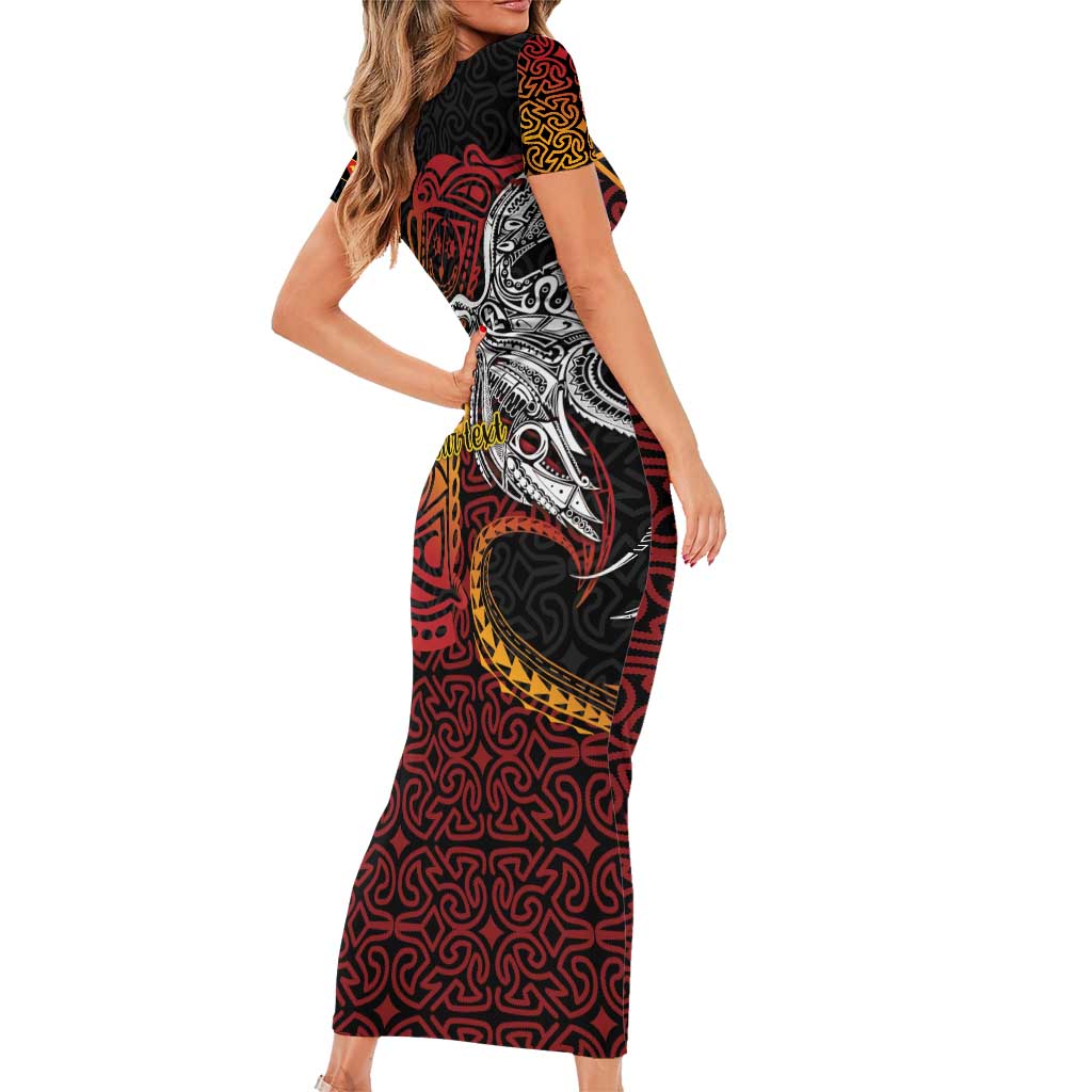 Papua New Guinea Sepik Personalised Family Matching Short Sleeve Bodycon Dress and Hawaiian Shirt PNG Bird of Paradise Tattoo - Polynesian Pride