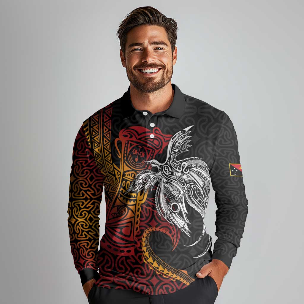 Papua New Guinea Sepik Personalised Long Sleeve Polo Shirt PNG Bird of Paradise Tattoo - Polynesian Pride