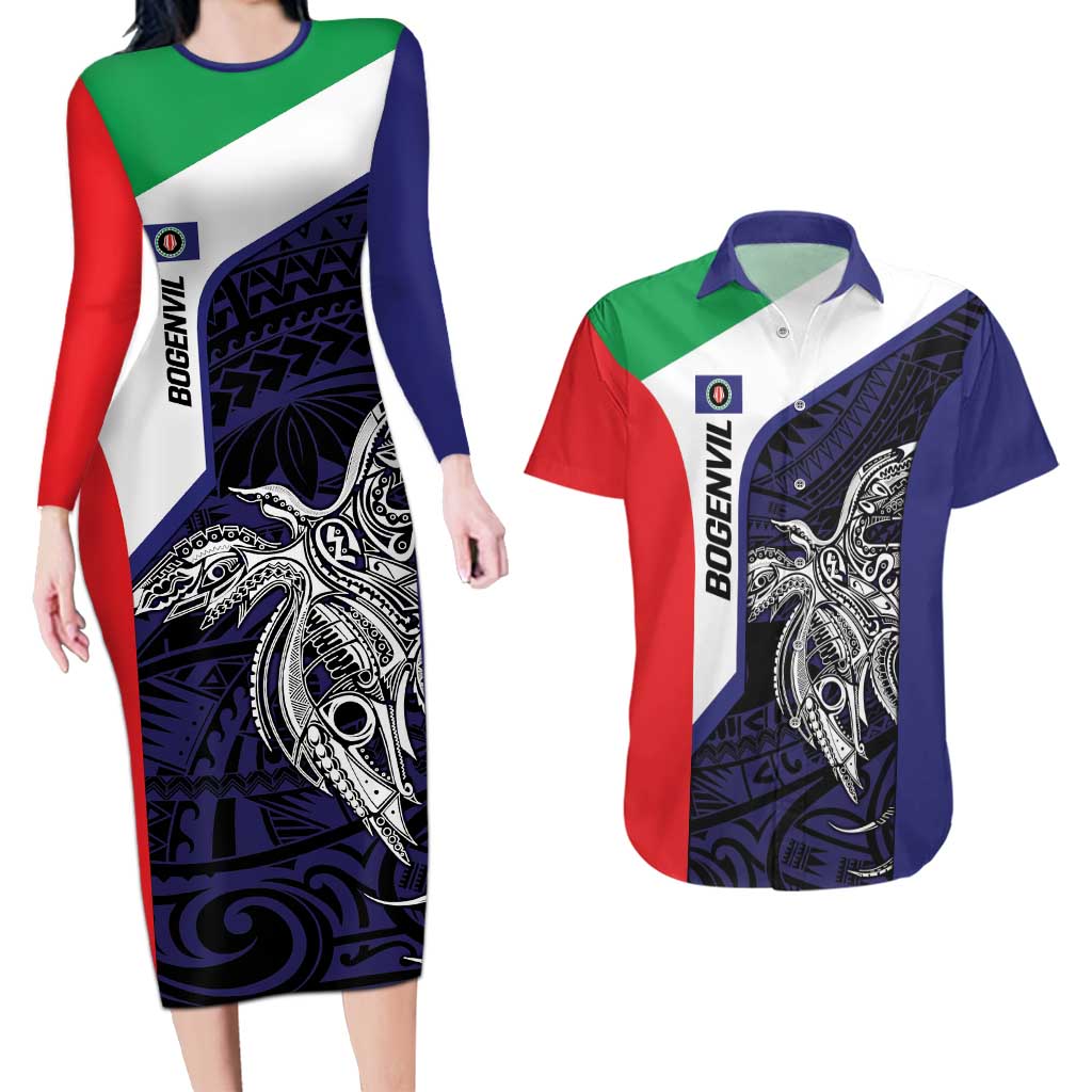 Personalised PNG Bougainville Couples Matching Long Sleeve Bodycon Dress and Hawaiian Shirt Bird of Paradise Tattoo Flag Motif - Polynesian Pride