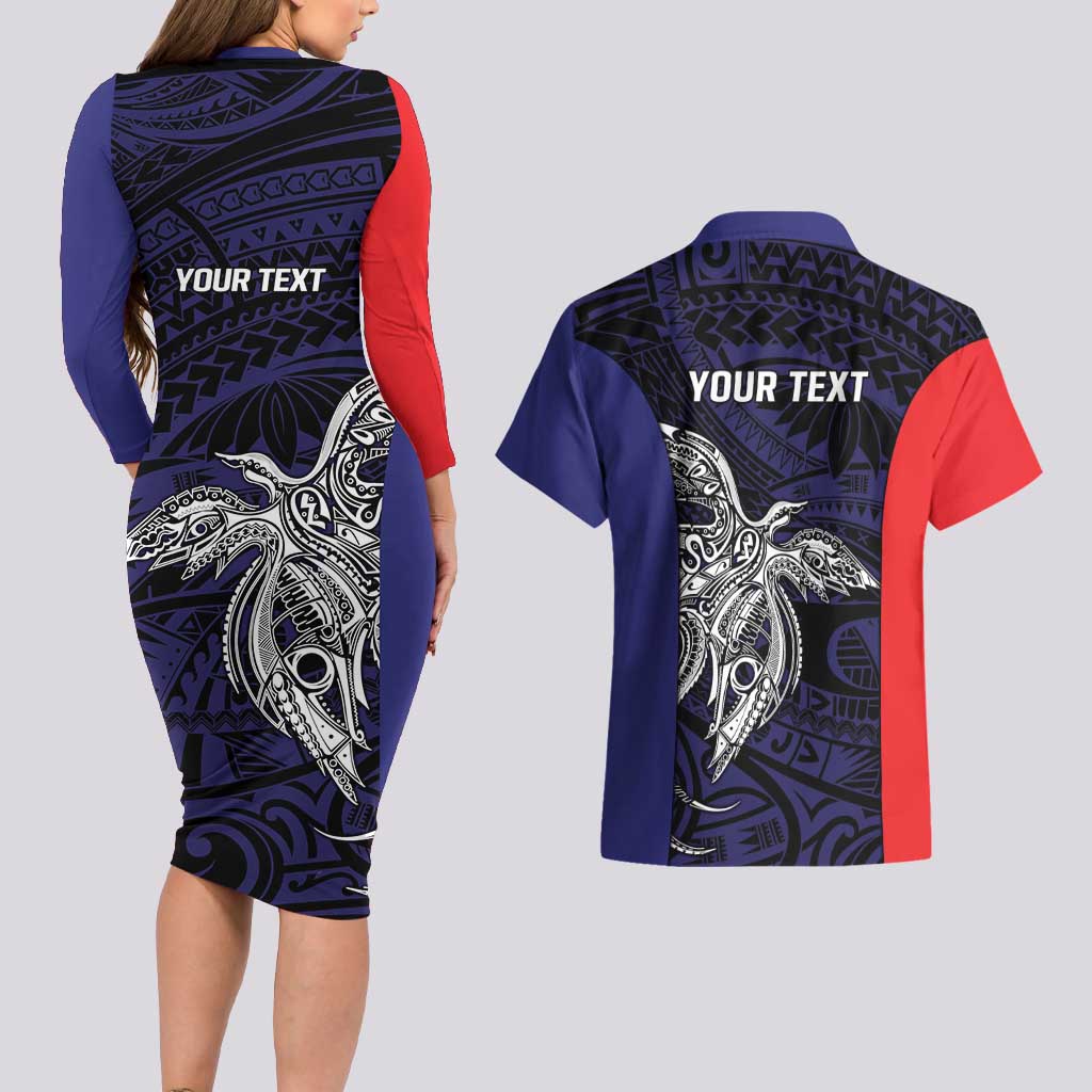 Personalised PNG Bougainville Couples Matching Long Sleeve Bodycon Dress and Hawaiian Shirt Bird of Paradise Tattoo Flag Motif - Polynesian Pride