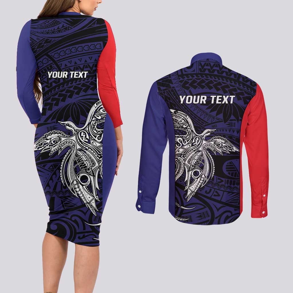 Personalised PNG Bougainville Couples Matching Long Sleeve Bodycon Dress and Long Sleeve Button Shirt Bird of Paradise Tattoo Flag Motif - Polynesian Pride