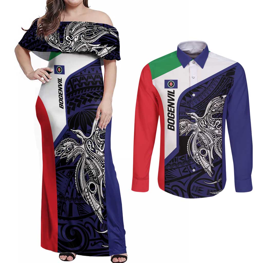Personalised PNG Bougainville Couples Matching Off Shoulder Maxi Dress and Long Sleeve Button Shirt Bird of Paradise Tattoo Flag Motif LT9 Blue - Polynesian Pride