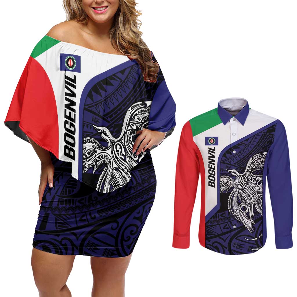 Personalised PNG Bougainville Couples Matching Off Shoulder Short Dress and Long Sleeve Button Shirt Bird of Paradise Tattoo Flag Motif LT9 Blue - Polynesian Pride