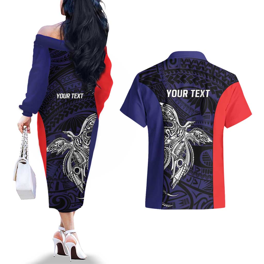 Personalised PNG Bougainville Couples Matching Off The Shoulder Long Sleeve Dress and Hawaiian Shirt Bird of Paradise Tattoo Flag Motif - Polynesian Pride