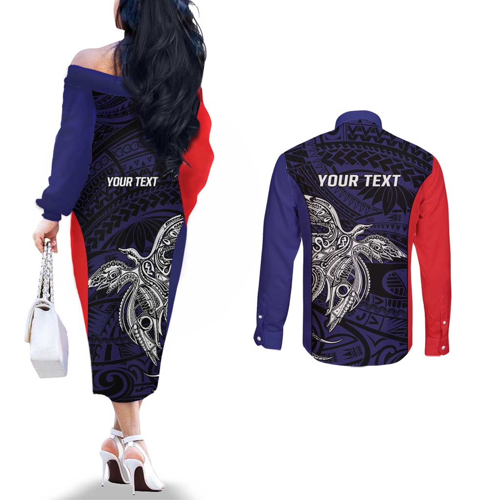 Personalised PNG Bougainville Couples Matching Off The Shoulder Long Sleeve Dress and Long Sleeve Button Shirt Bird of Paradise Tattoo Flag Motif - Polynesian Pride