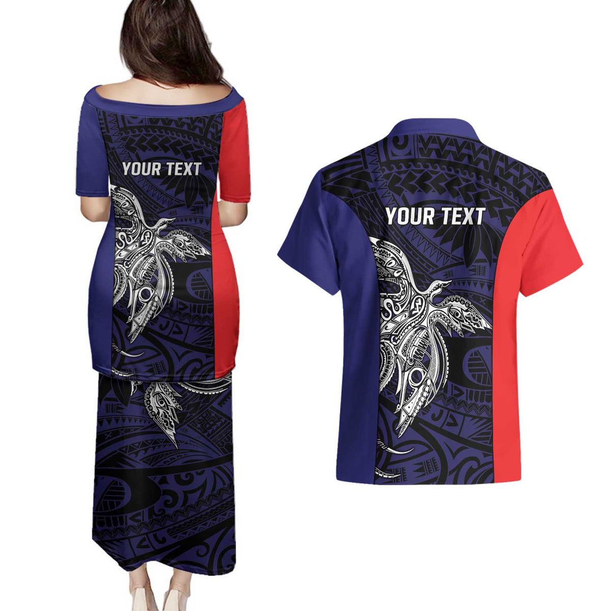 Personalised PNG Bougainville Couples Matching Puletasi and Hawaiian Shirt Bird of Paradise Tattoo Flag Motif - Polynesian Pride
