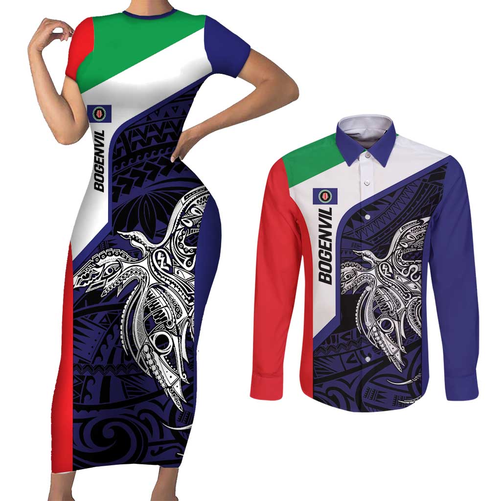Personalised PNG Bougainville Couples Matching Short Sleeve Bodycon Dress and Long Sleeve Button Shirt Bird of Paradise Tattoo Flag Motif LT9 Blue - Polynesian Pride