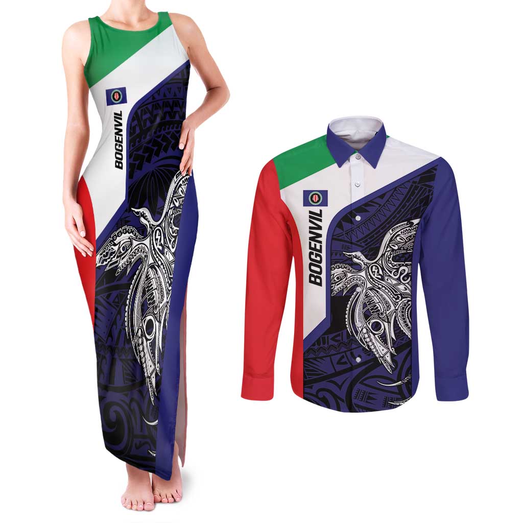 Personalised PNG Bougainville Couples Matching Tank Maxi Dress and Long Sleeve Button Shirt Bird of Paradise Tattoo Flag Motif LT9 Blue - Polynesian Pride