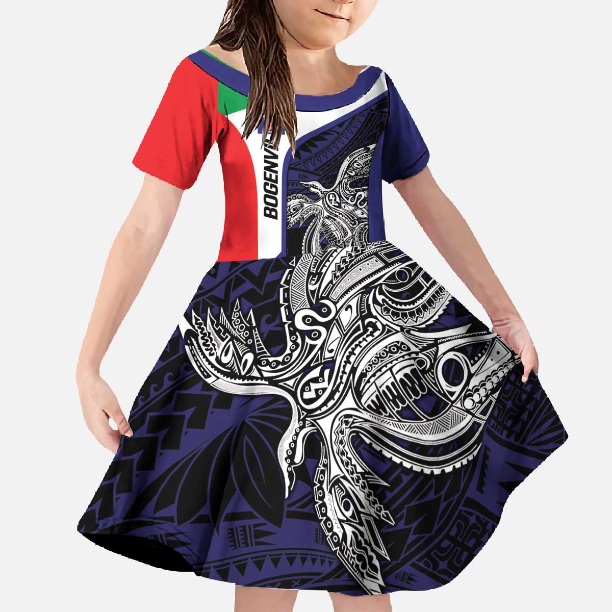 Personalised PNG Bougainville Family Matching Off The Shoulder Long Sleeve Dress and Hawaiian Shirt Bird of Paradise Tattoo Flag Motif - Polynesian Pride