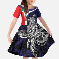Personalised PNG Bougainville Family Matching Off The Shoulder Long Sleeve Dress and Hawaiian Shirt Bird of Paradise Tattoo Flag Motif - Polynesian Pride