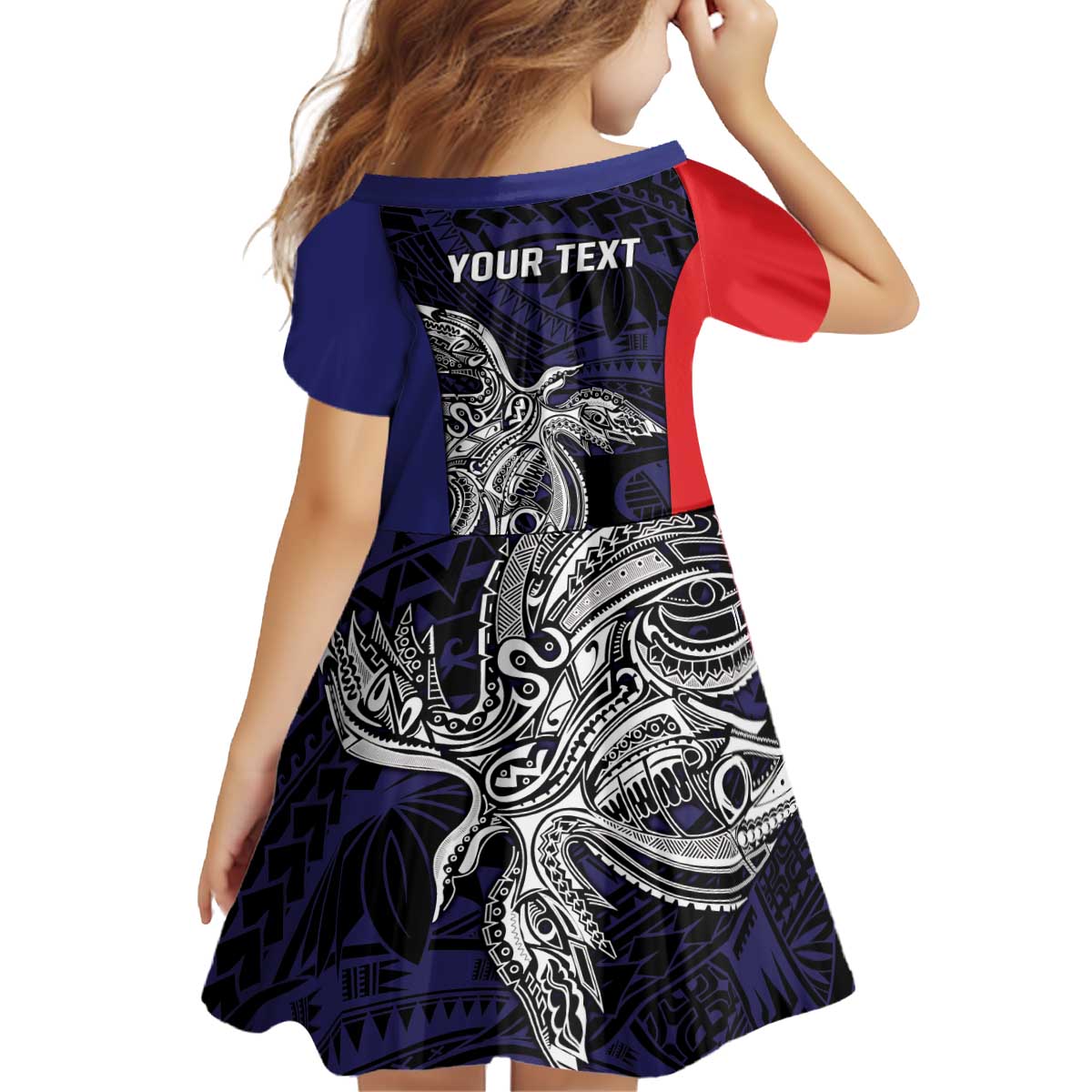 Personalised PNG Bougainville Kid Short Sleeve Dress Bird of Paradise Tattoo Flag Motif - Polynesian Pride