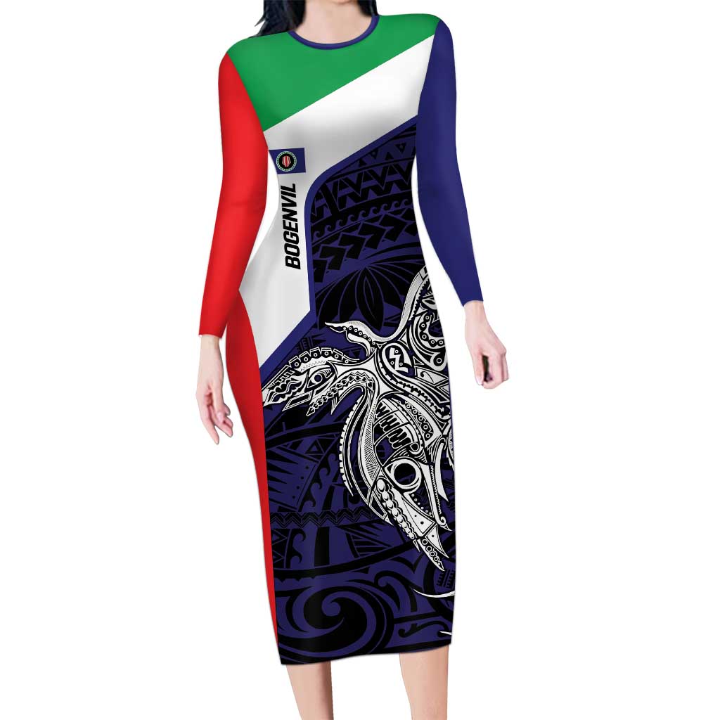 Personalised PNG Bougainville Long Sleeve Bodycon Dress Bird of Paradise Tattoo Flag Motif - Polynesian Pride