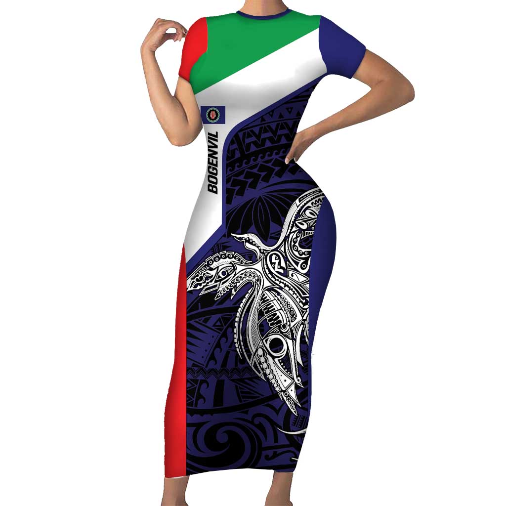 Personalised PNG Bougainville Short Sleeve Bodycon Dress Bird of Paradise Tattoo Flag Motif - Polynesian Pride