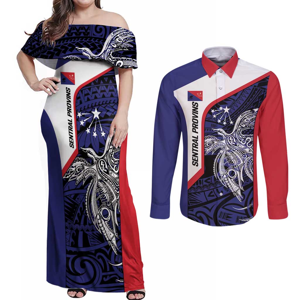Personalised PNG Central Province Couples Matching Off Shoulder Maxi Dress and Long Sleeve Button Shirt Bird of Paradise Tattoo Flag Motif LT9 Blue - Polynesian Pride