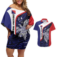 Personalised PNG Central Province Couples Matching Off Shoulder Short Dress and Hawaiian Shirt Bird of Paradise Tattoo Flag Motif - Polynesian Pride