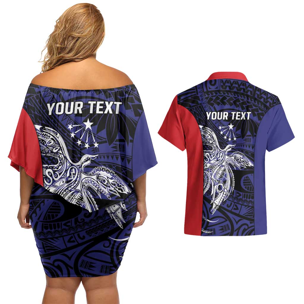 Personalised PNG Central Province Couples Matching Off Shoulder Short Dress and Hawaiian Shirt Bird of Paradise Tattoo Flag Motif - Polynesian Pride