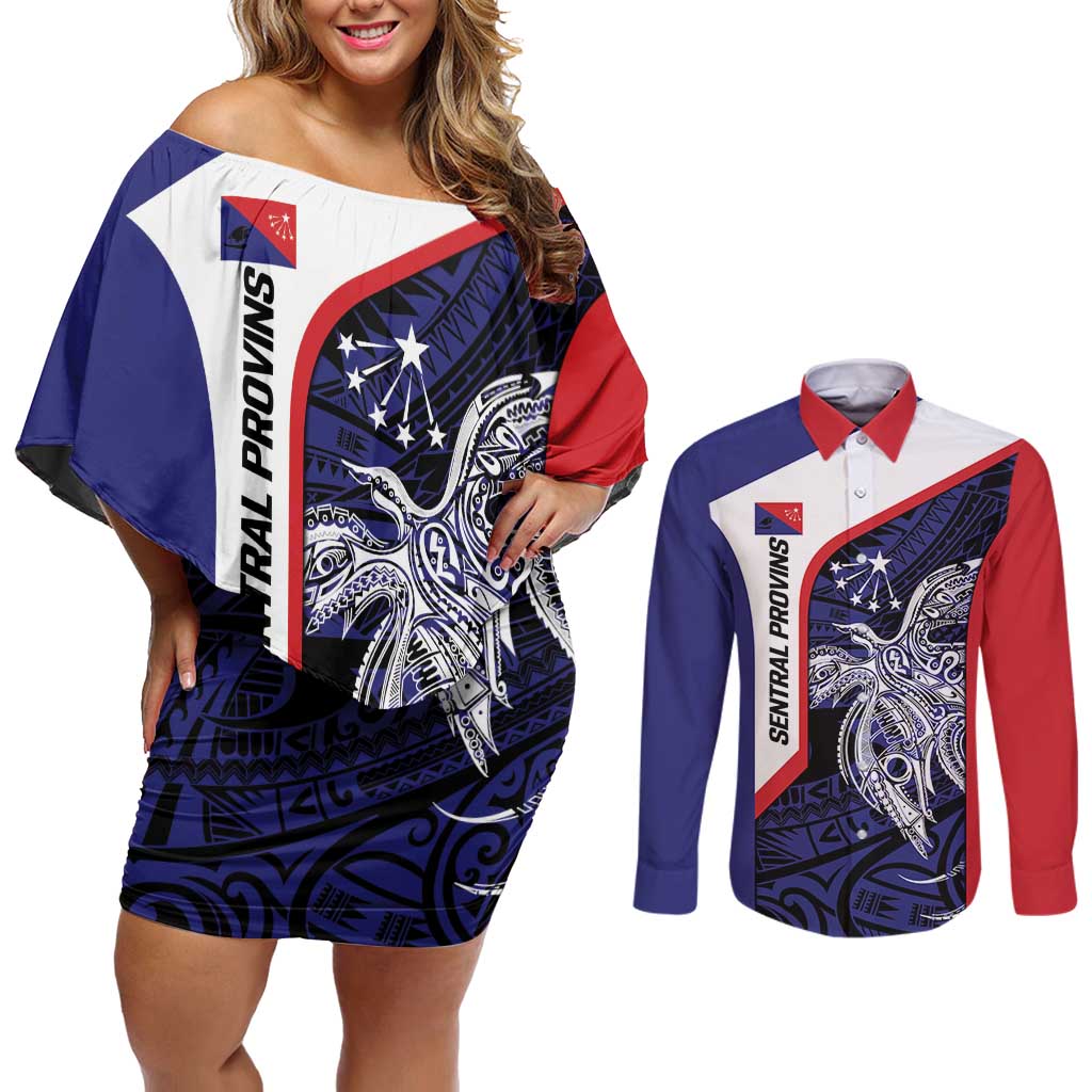 Personalised PNG Central Province Couples Matching Off Shoulder Short Dress and Long Sleeve Button Shirt Bird of Paradise Tattoo Flag Motif LT9 Blue - Polynesian Pride