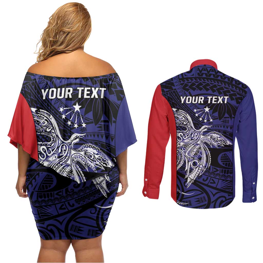 Personalised PNG Central Province Couples Matching Off Shoulder Short Dress and Long Sleeve Button Shirt Bird of Paradise Tattoo Flag Motif - Polynesian Pride