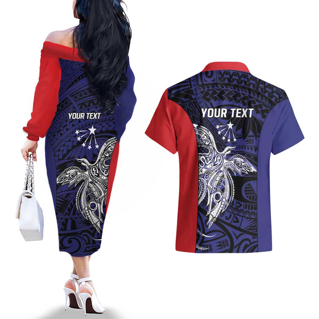 Personalised PNG Central Province Couples Matching Off The Shoulder Long Sleeve Dress and Hawaiian Shirt Bird of Paradise Tattoo Flag Motif - Polynesian Pride
