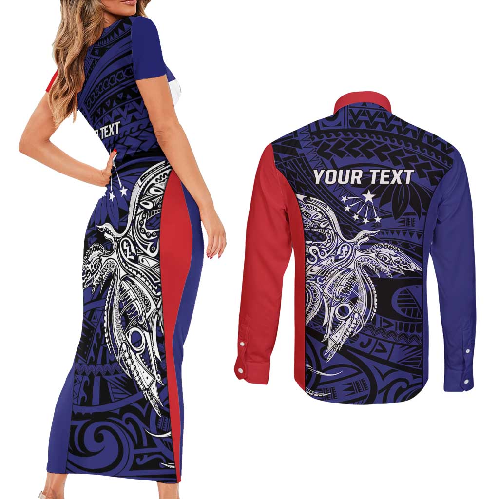 Personalised PNG Central Province Couples Matching Short Sleeve Bodycon Dress and Long Sleeve Button Shirt Bird of Paradise Tattoo Flag Motif - Polynesian Pride