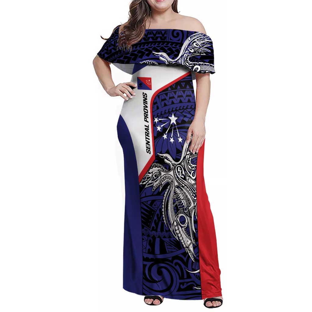 Personalised PNG Central Province Family Matching Off Shoulder Maxi Dress and Hawaiian Shirt Bird of Paradise Tattoo Flag Motif - Polynesian Pride