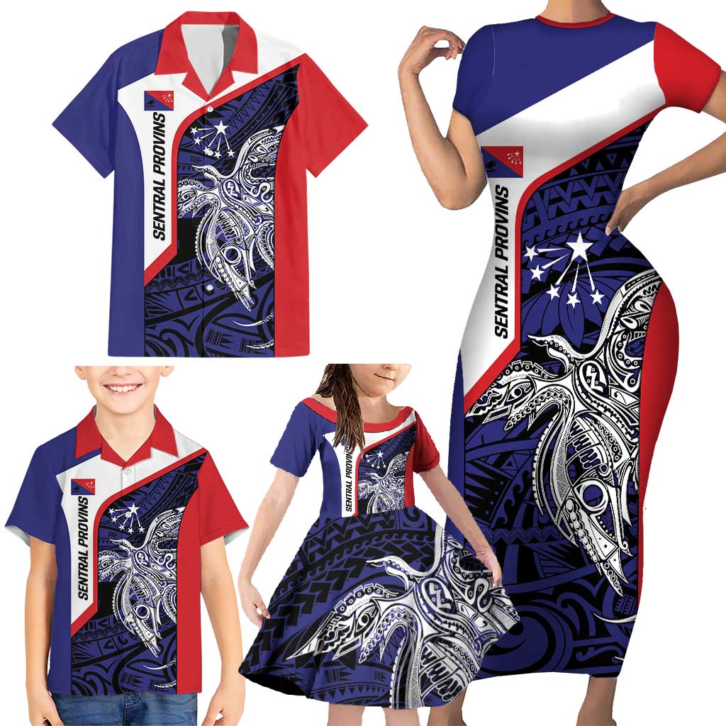 Personalised PNG Central Province Family Matching Short Sleeve Bodycon Dress and Hawaiian Shirt Bird of Paradise Tattoo Flag Motif - Polynesian Pride