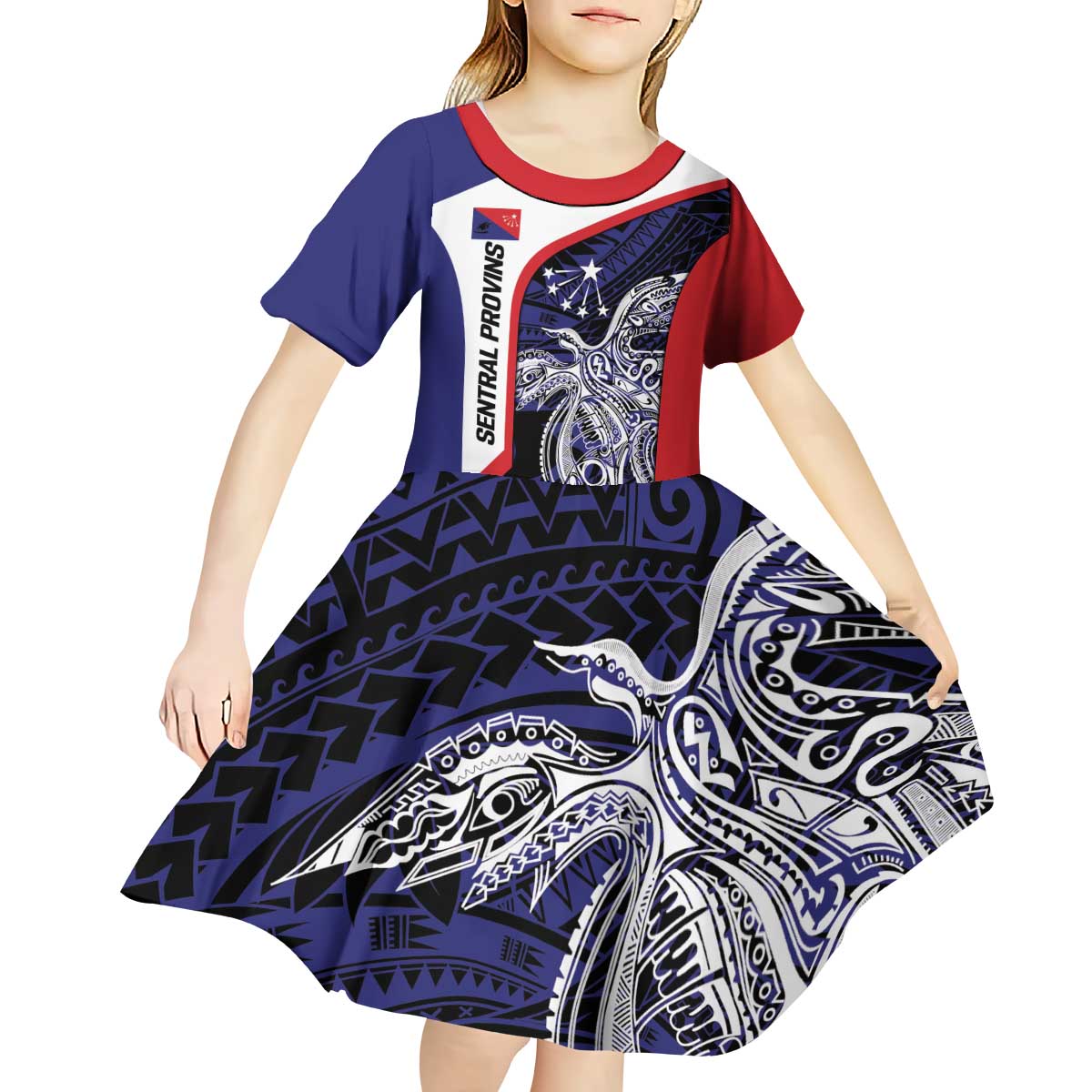 Personalised PNG Central Province Kid Short Sleeve Dress Bird of Paradise Tattoo Flag Motif - Polynesian Pride