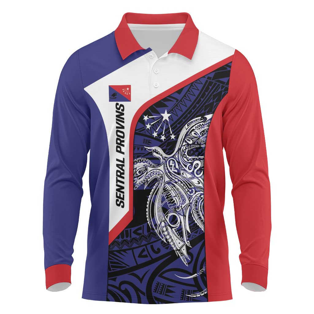 Personalised PNG Central Province Long Sleeve Polo Shirt Bird of Paradise Tattoo Flag Motif - Polynesian Pride