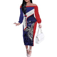 Personalised PNG Central Province Off The Shoulder Long Sleeve Dress Bird of Paradise Tattoo Flag Motif - Polynesian Pride