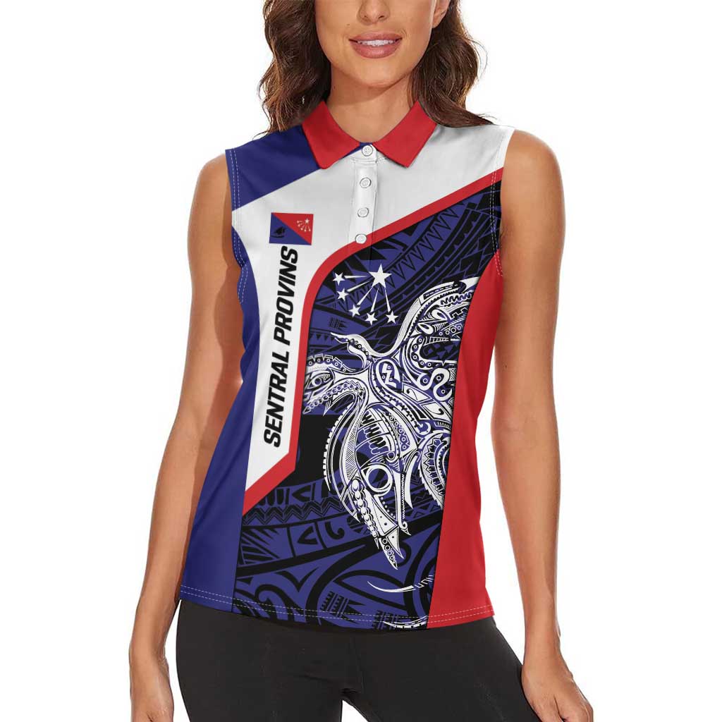 Personalised PNG Central Province Women Sleeveless Polo Shirt Bird of Paradise Tattoo Flag Motif - Polynesian Pride