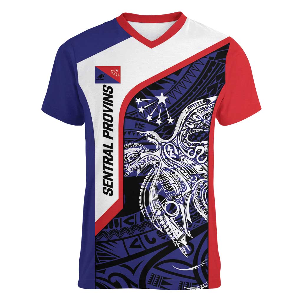 Personalised PNG Central Province Women V-Neck T-Shirt Bird of Paradise Tattoo Flag Motif - Polynesian Pride