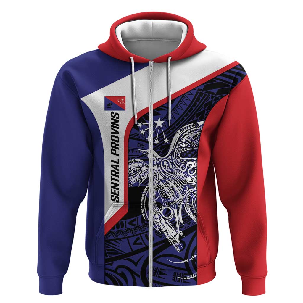 Personalised PNG Central Province Zip Hoodie Bird of Paradise Tattoo Flag Motif - Polynesian Pride