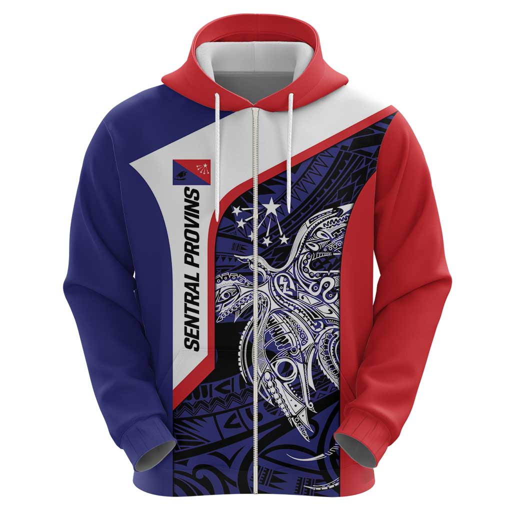 Personalised PNG Central Province Zip Hoodie Bird of Paradise Tattoo Flag Motif - Polynesian Pride