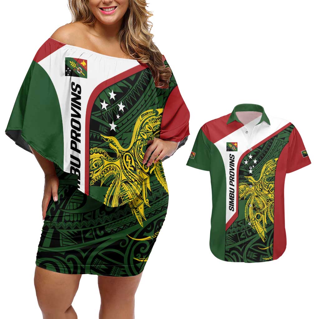 Personalised PNG Chimbu Province Couples Matching Off Shoulder Short Dress and Hawaiian Shirt Bird of Paradise Tattoo Flag Motif - Polynesian Pride