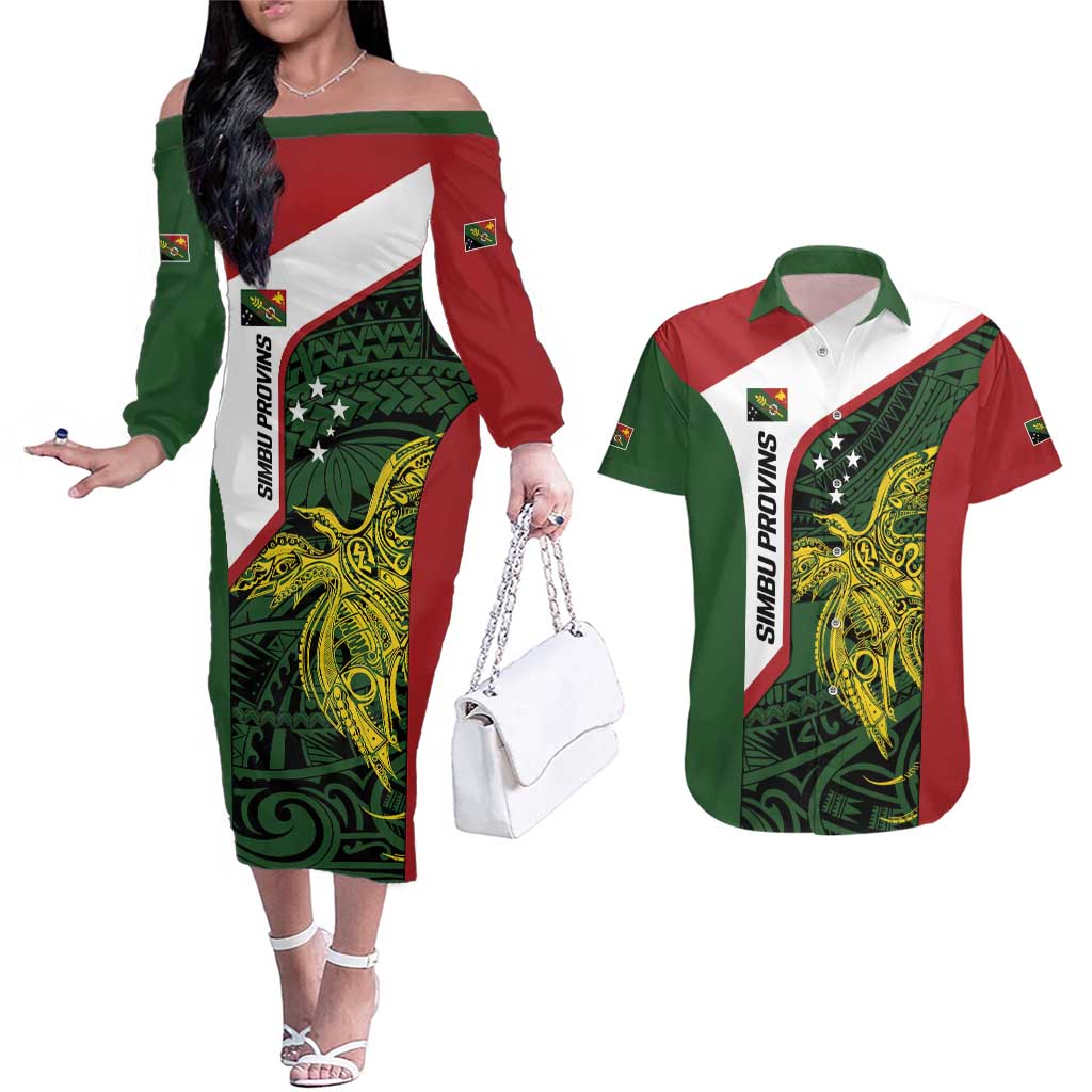 Personalised PNG Chimbu Province Couples Matching Off The Shoulder Long Sleeve Dress and Hawaiian Shirt Bird of Paradise Tattoo Flag Motif - Polynesian Pride