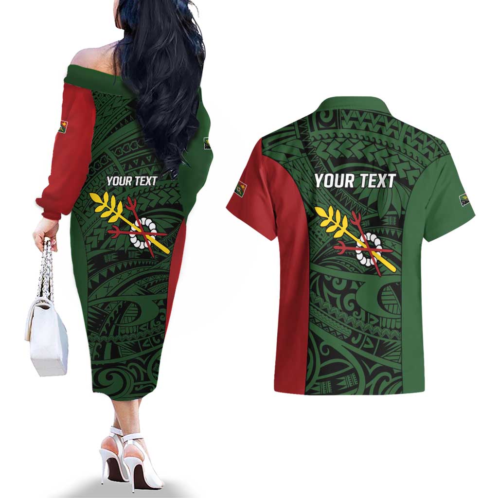 Personalised PNG Chimbu Province Couples Matching Off The Shoulder Long Sleeve Dress and Hawaiian Shirt Bird of Paradise Tattoo Flag Motif - Polynesian Pride