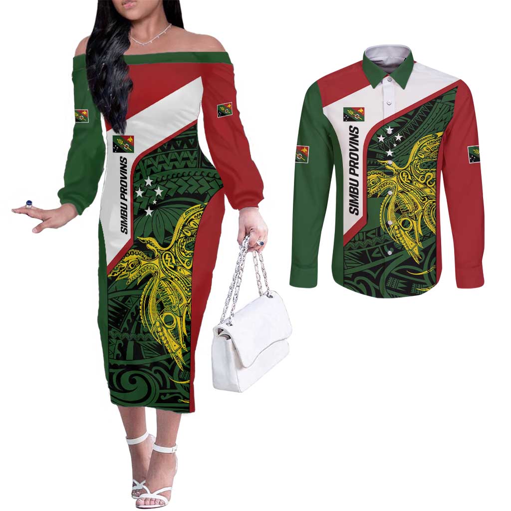 Personalised PNG Chimbu Province Couples Matching Off The Shoulder Long Sleeve Dress and Long Sleeve Button Shirt Bird of Paradise Tattoo Flag Motif LT9 Red - Polynesian Pride