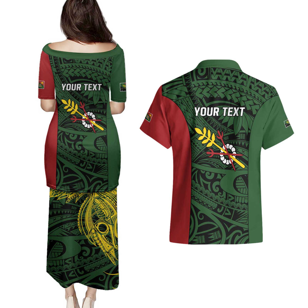 Personalised PNG Chimbu Province Couples Matching Puletasi and Hawaiian Shirt Bird of Paradise Tattoo Flag Motif - Polynesian Pride