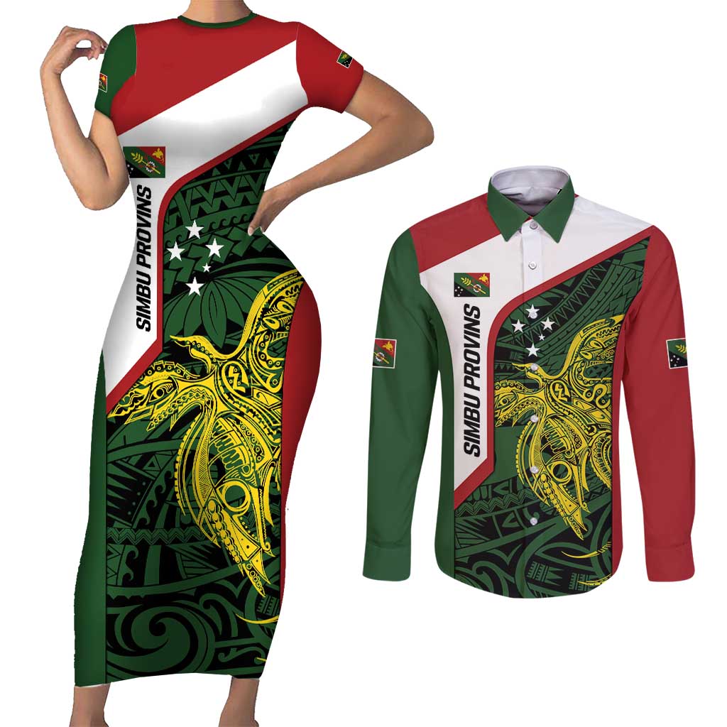 Personalised PNG Chimbu Province Couples Matching Short Sleeve Bodycon Dress and Long Sleeve Button Shirt Bird of Paradise Tattoo Flag Motif LT9 Red - Polynesian Pride