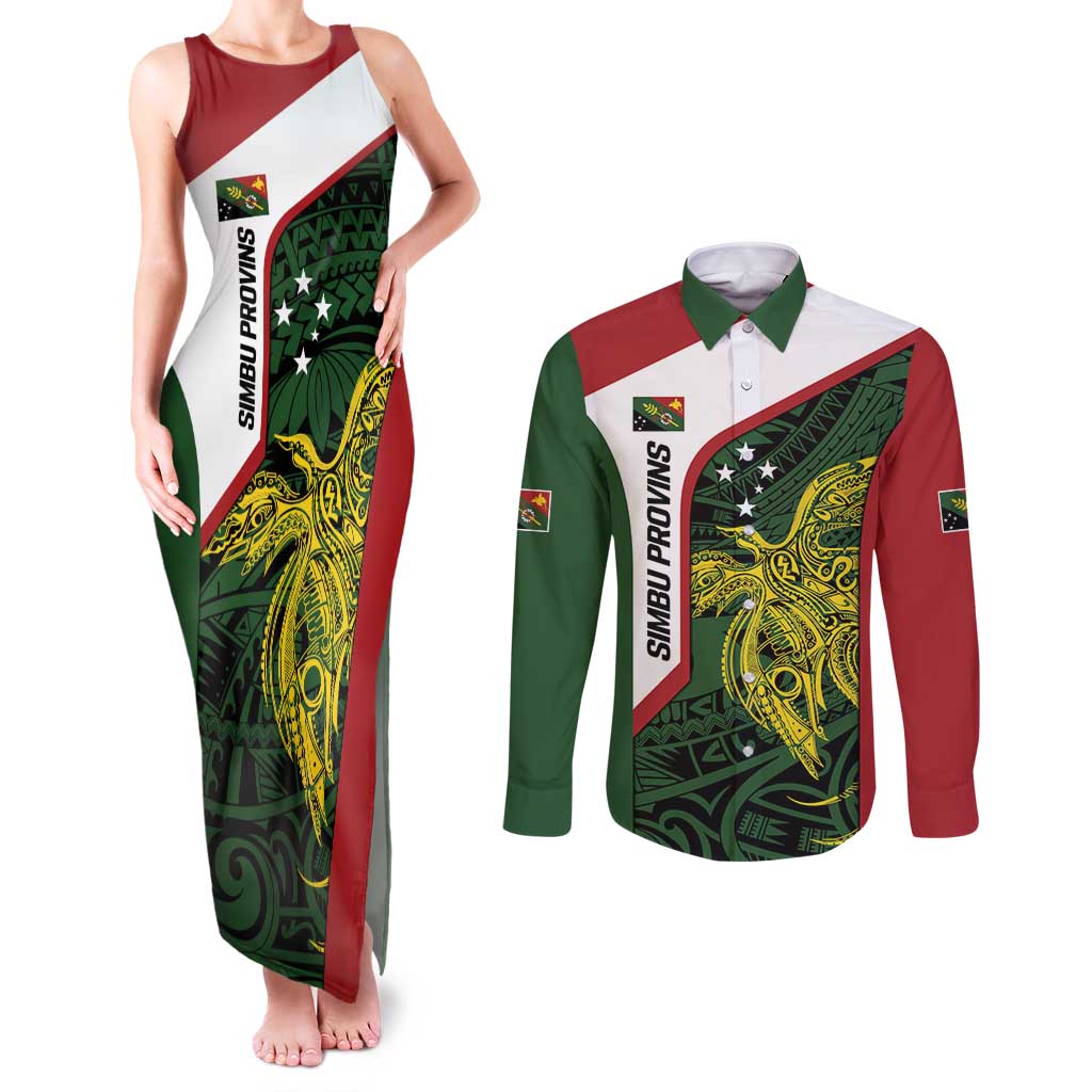 Personalised PNG Chimbu Province Couples Matching Tank Maxi Dress and Long Sleeve Button Shirt Bird of Paradise Tattoo Flag Motif LT9 Red - Polynesian Pride