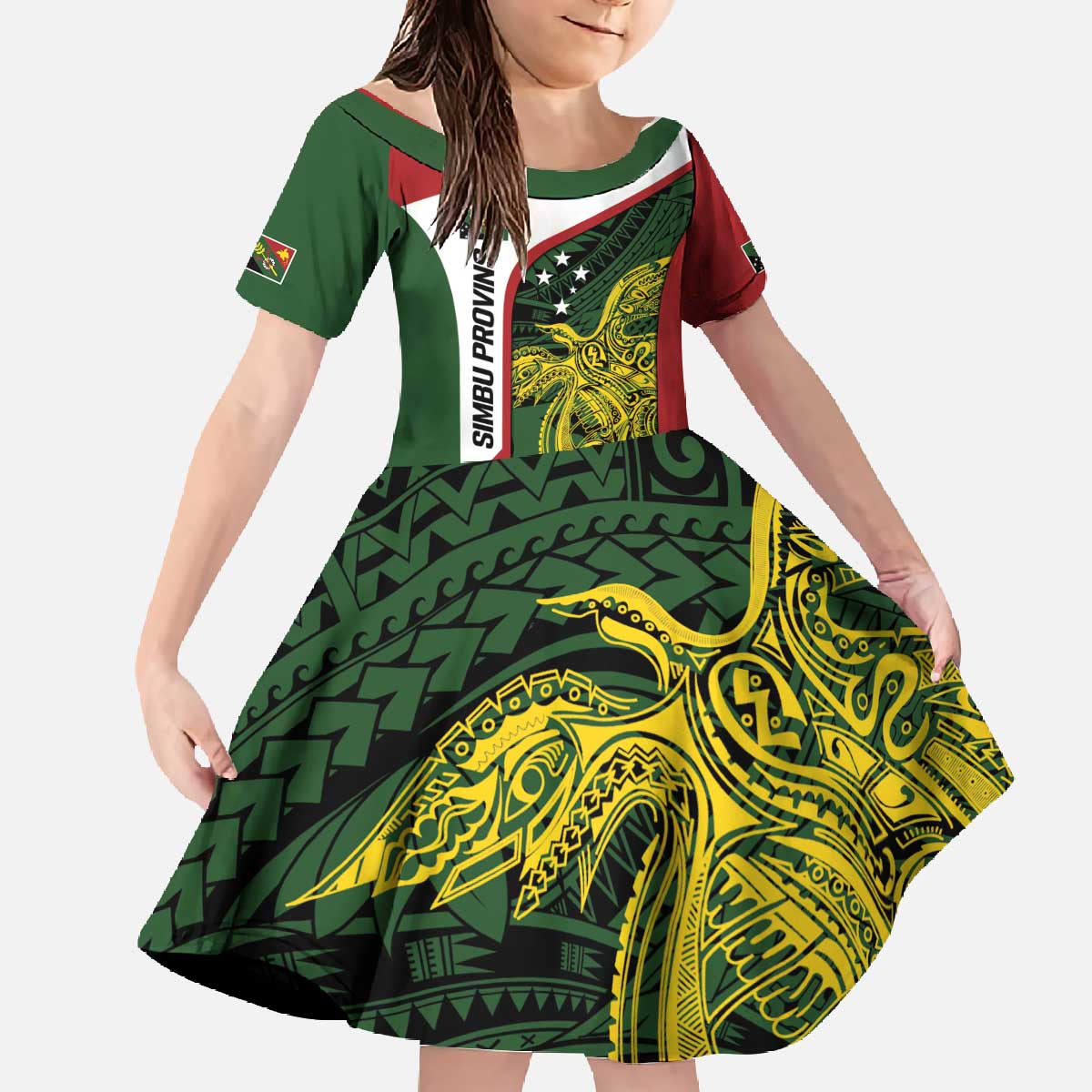 Personalised PNG Chimbu Province Family Matching Off The Shoulder Long Sleeve Dress and Hawaiian Shirt Bird of Paradise Tattoo Flag Motif - Polynesian Pride