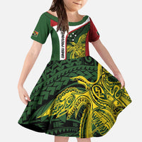 Personalised PNG Chimbu Province Family Matching Off The Shoulder Long Sleeve Dress and Hawaiian Shirt Bird of Paradise Tattoo Flag Motif - Polynesian Pride
