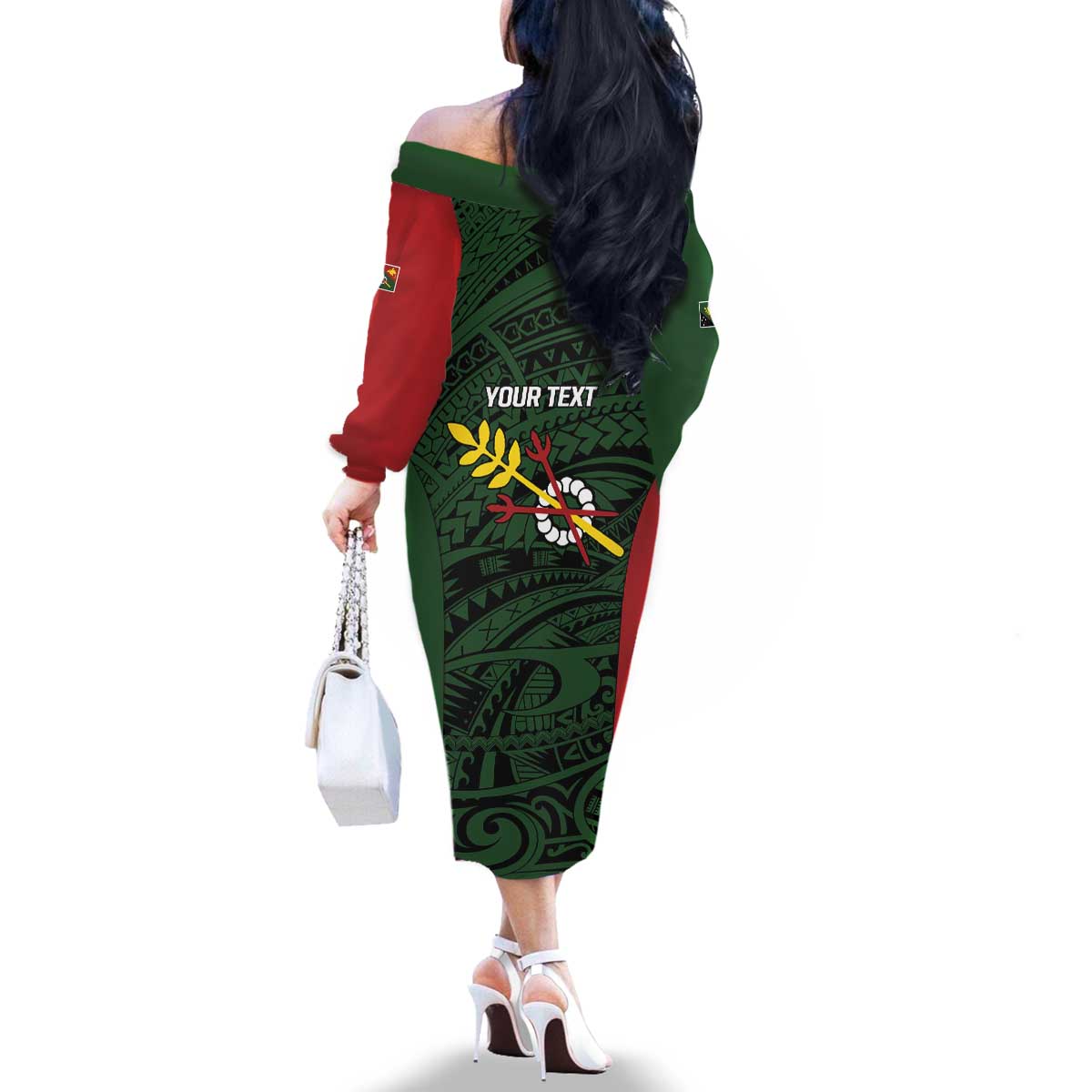 Personalised PNG Chimbu Province Family Matching Off The Shoulder Long Sleeve Dress and Hawaiian Shirt Bird of Paradise Tattoo Flag Motif - Polynesian Pride