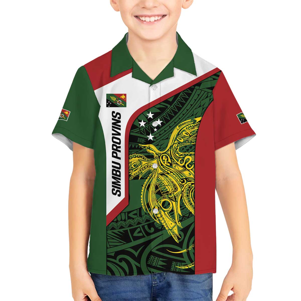 Personalised PNG Chimbu Province Family Matching Off The Shoulder Long Sleeve Dress and Hawaiian Shirt Bird of Paradise Tattoo Flag Motif - Polynesian Pride